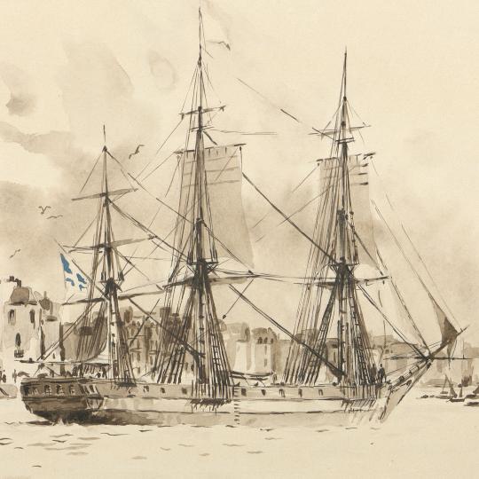 Dessin aquarellé représentant un navire à voile rentrant dans le port du Havre.