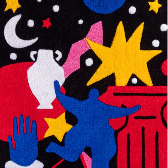 NEDM 2025 - Ministère de la culture Affiche de la Nuit européenne des musées, présentant une tapisserie avec des œuvres devant un ciel étoilée.