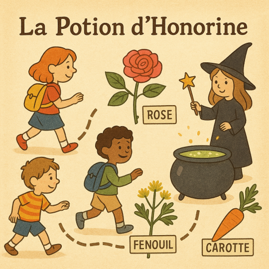 Dessin représentant le parcours d'enfant à la recherche de plante à mettre dans un chaudron.