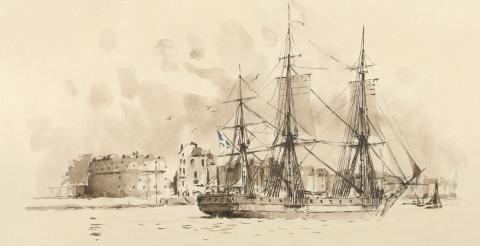 Dessin aquarellé représentant un navire à voile rentrant dans le port du Havre.